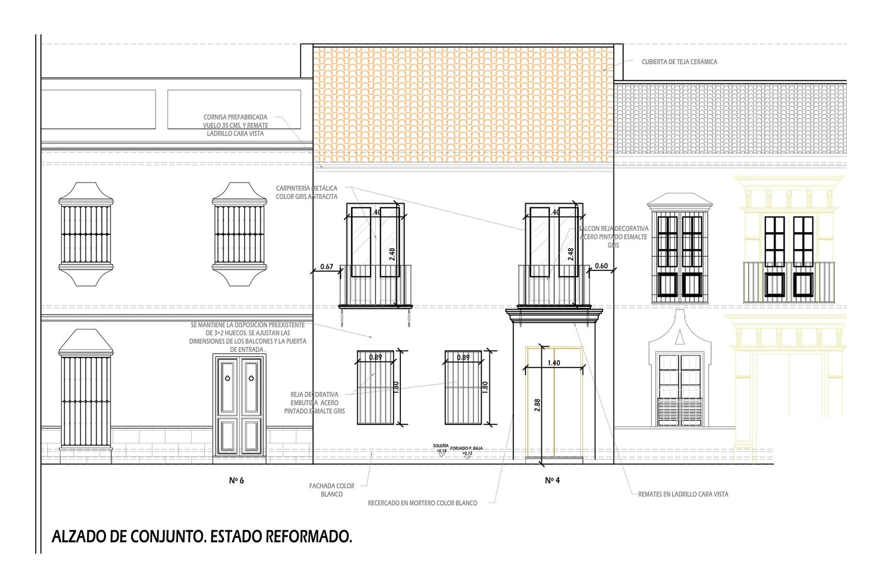 REHABILITACIÓN Y REFORMA VIVIENDA UNIFAMILIAR ENTREMEDIANERAS · Jamalla 4, Marchena (Sevilla) — alzado de conjunto, estado reformado