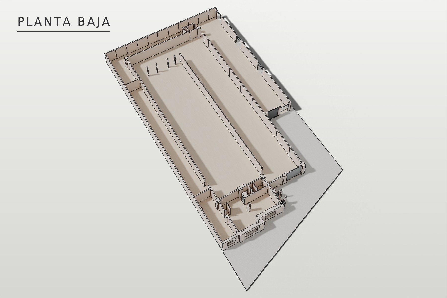 Nave industrial y oficinas en Marchena: axonometría de planta baja