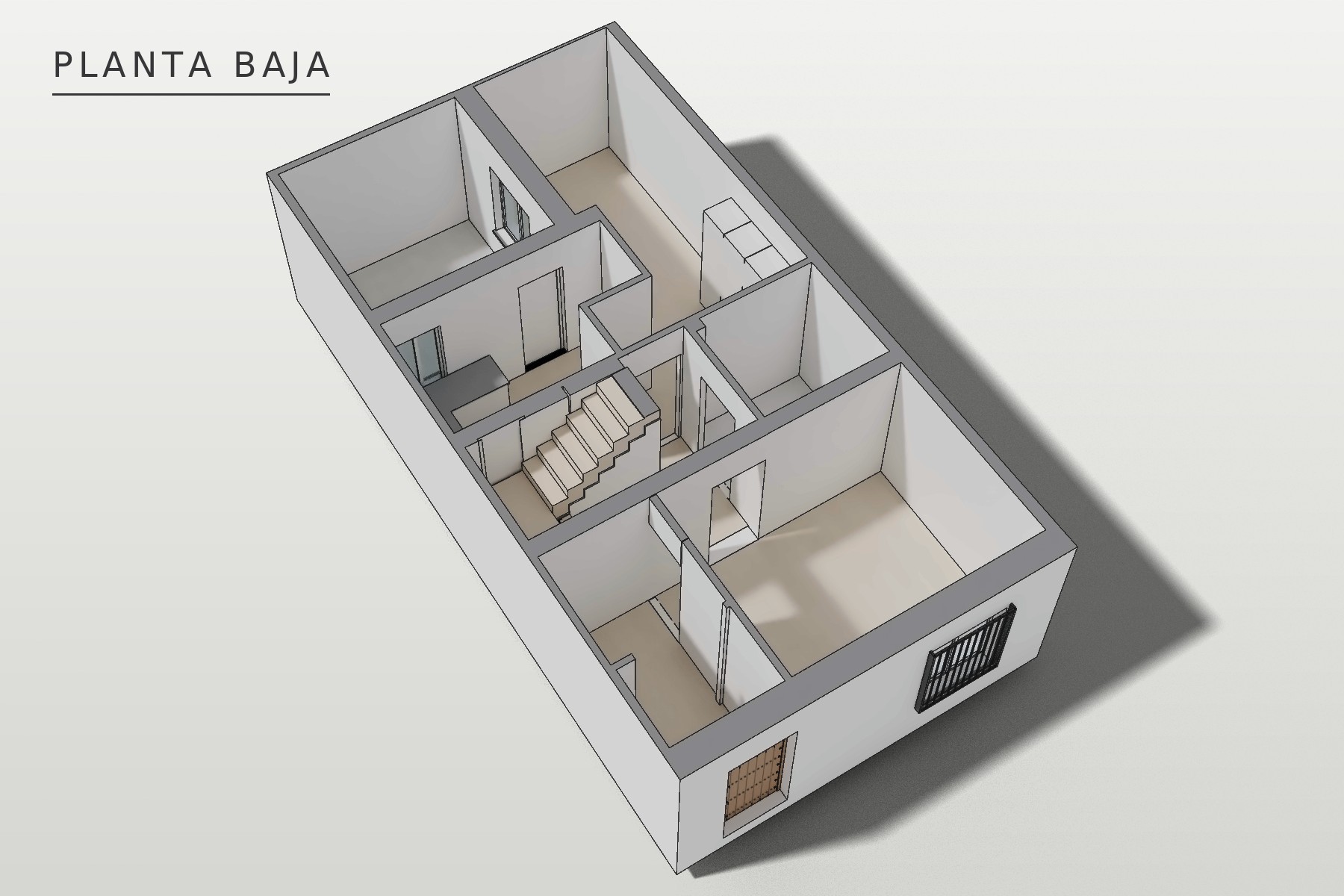 Federico García Lorca 15, Marchena: axonometría de la planta baja: zaguán, recibidor, sala de estar, escalera, baño, cocina con alacena, dormitorio y patio