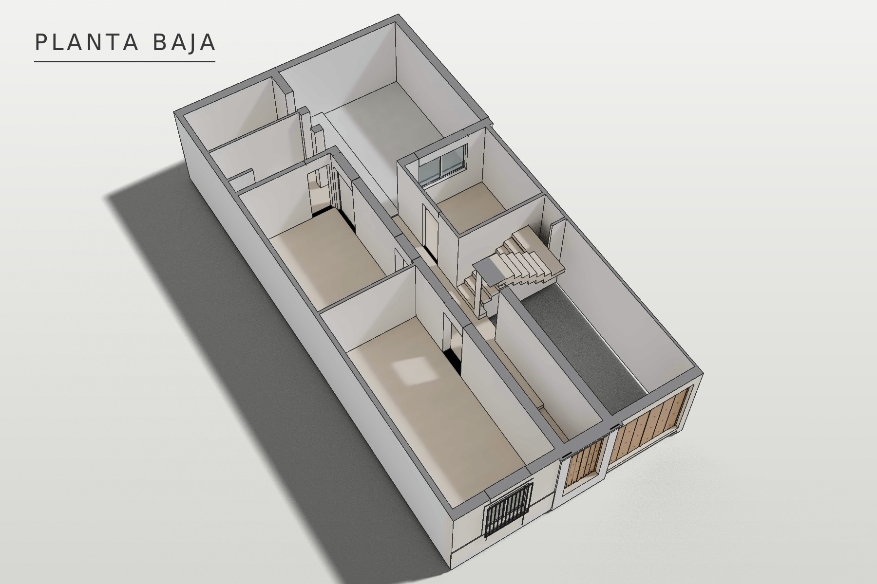 San Jerónimo 17, Marchena: axonometría de la planta baja: cochera, zaguán, salón-estar, comedor, cocina, baño, lavadero y patio