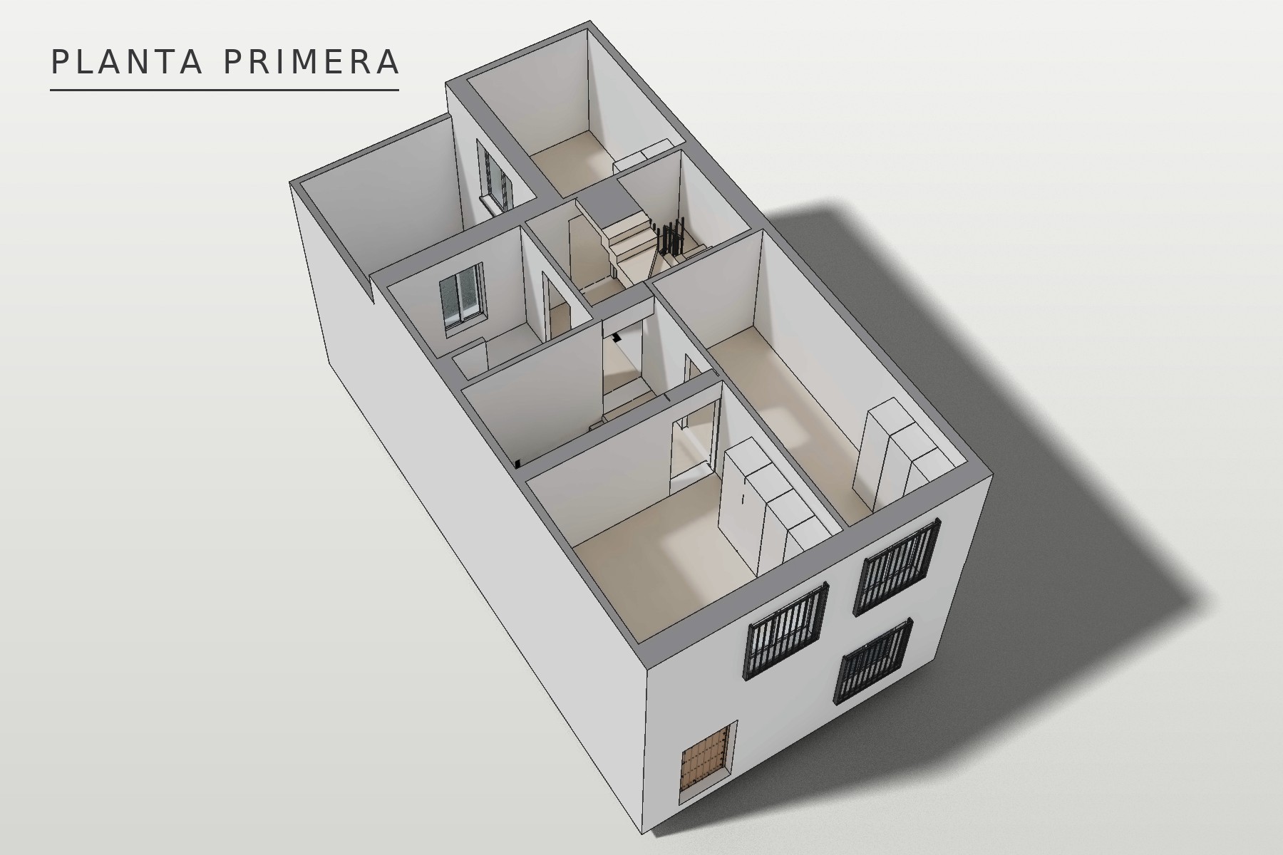 Federico García Lorca 15, Marchena: axonometría de la planta primera: distribuidor, tres dormitorios, baño y escalera al castillete