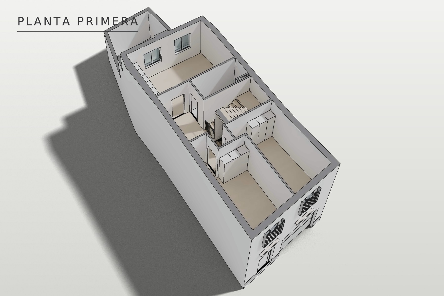 Madre Carmen Ternero Ibarra 58, Marchena: axonometría de la planta primera: distribuidor, dormitorio suite, dos dormitorios, baño y terraza trasera