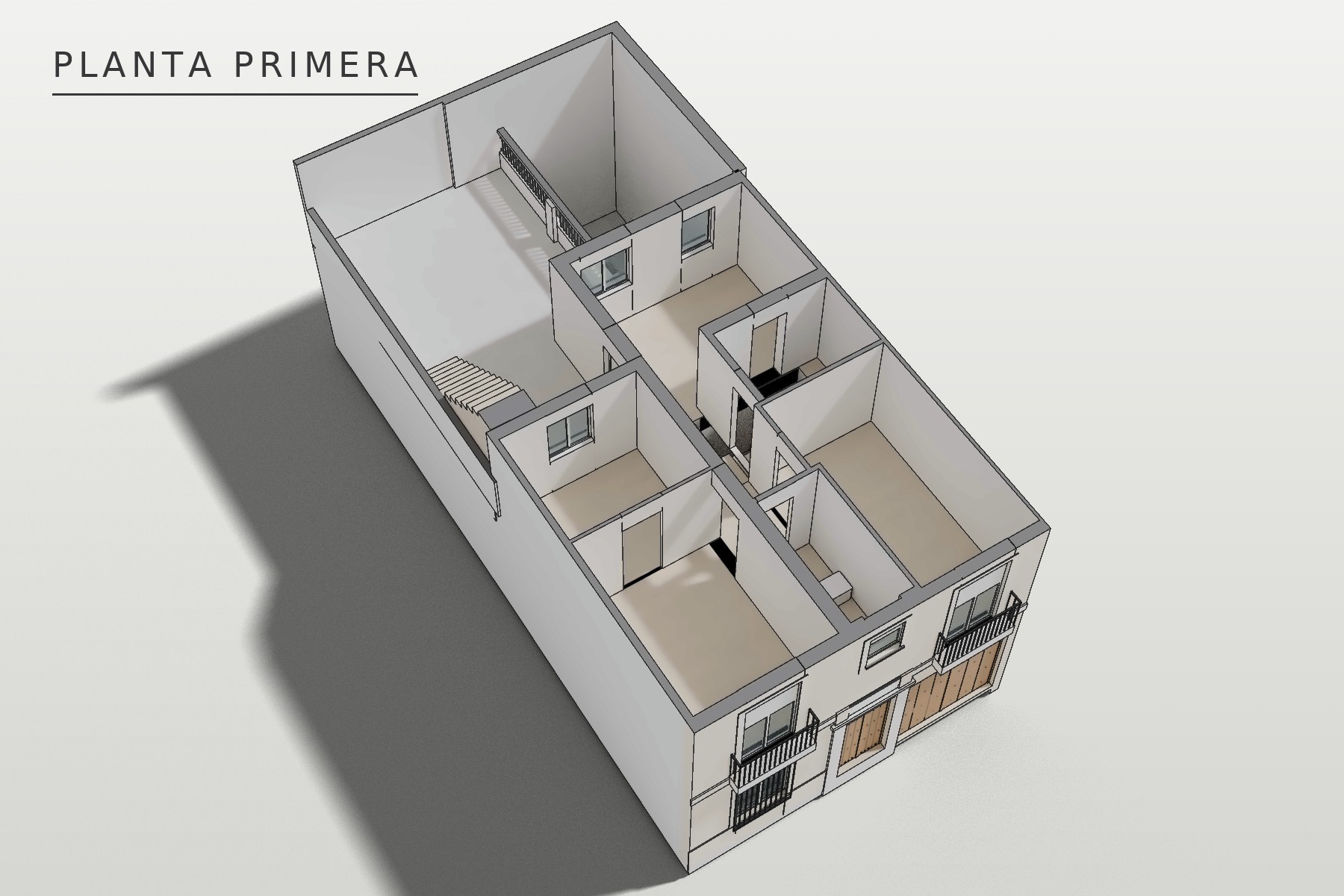 San Jerónimo 17, Marchena: axonometría de la planta primera: distribuidor, baño, tres dormitorios y terraza con escalera a la azotea
