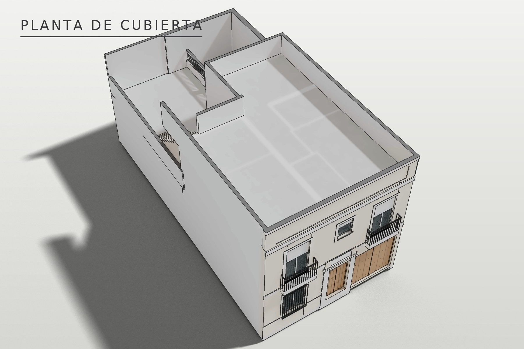 San Jerónimo 17, Marchena: axonometría de la cubierta: azotea transitable y terraza