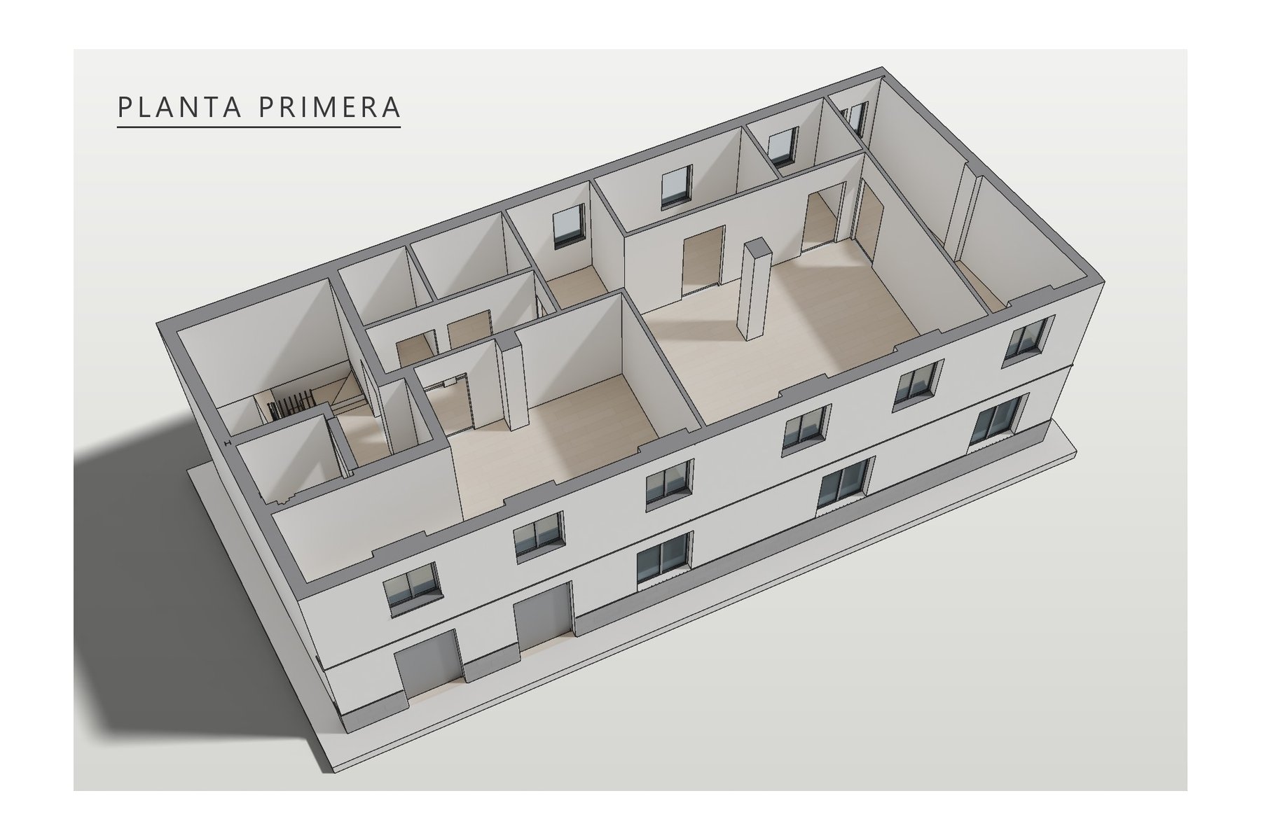 axonometría de la planta primera: laboratorio, almacén, vestuario y aseo