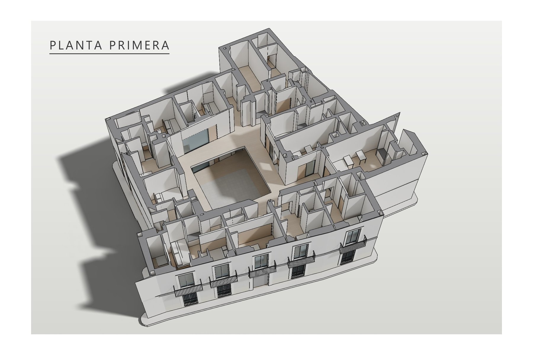 axonometría de la planta primera: galería sobre el patio y dormitorios con baño