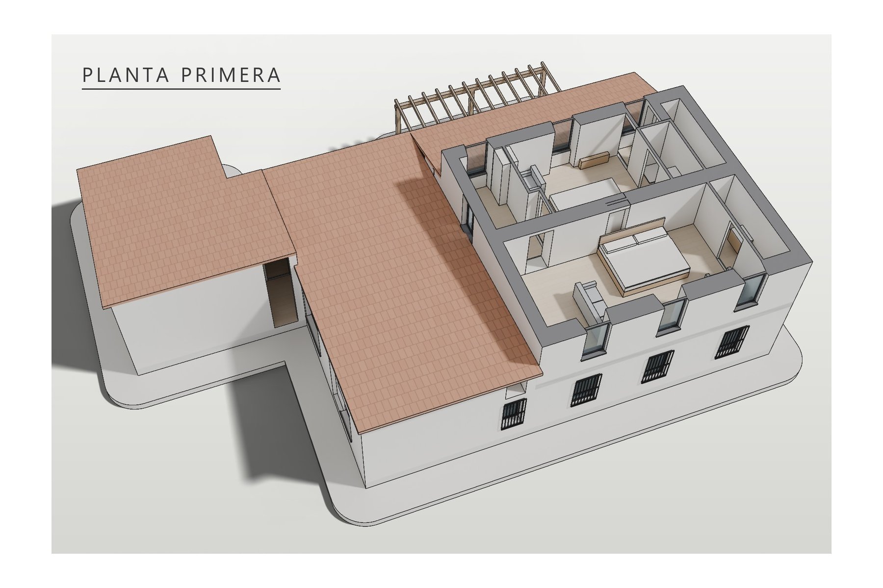 axonometría de la planta primera: dos dormitorios con baño, azotea transitable y cubiertas de teja