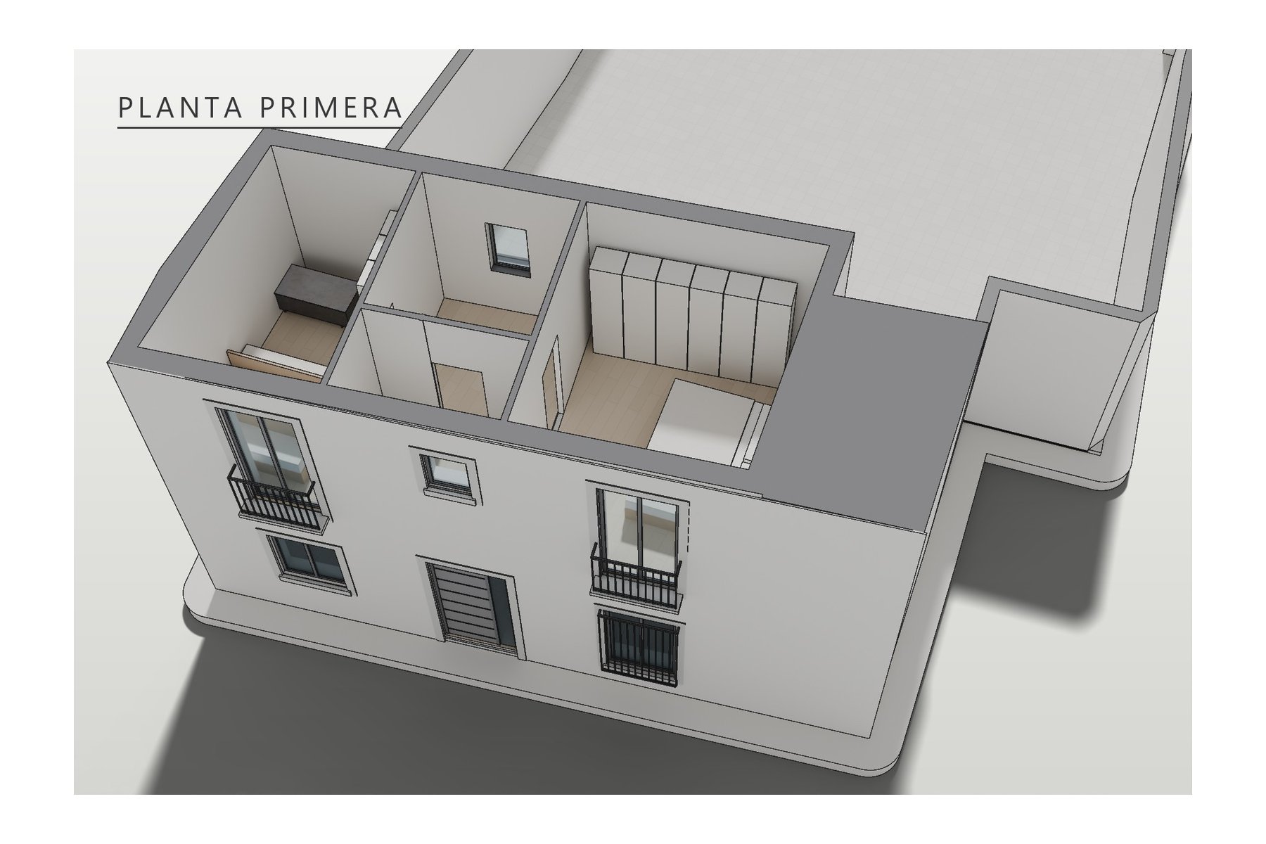 axonometría de la planta primera: dos dormitorios y baño, con terraza y azotea no transitables