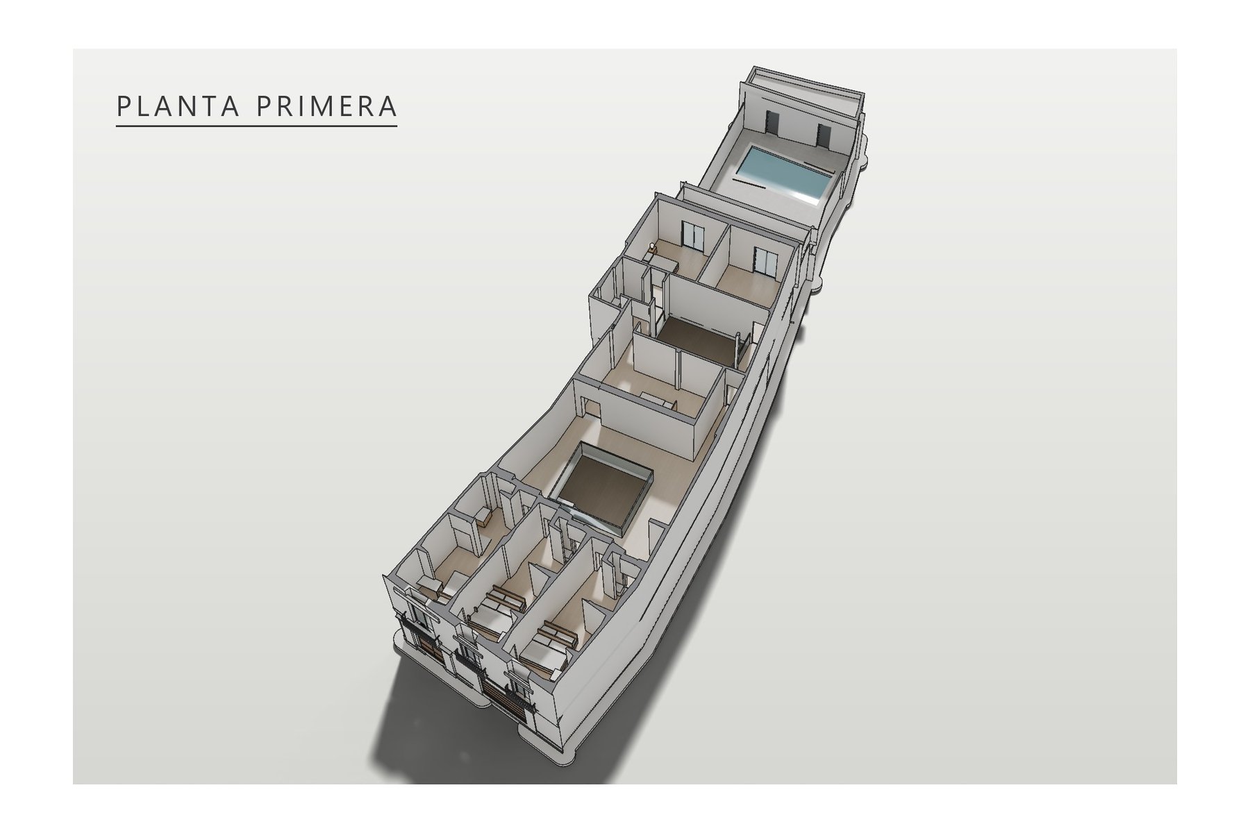 axonometría de la planta primera: galería al patio central, dormitorios con baño, dormitorio principal con vestidor y terraza sobre el porche