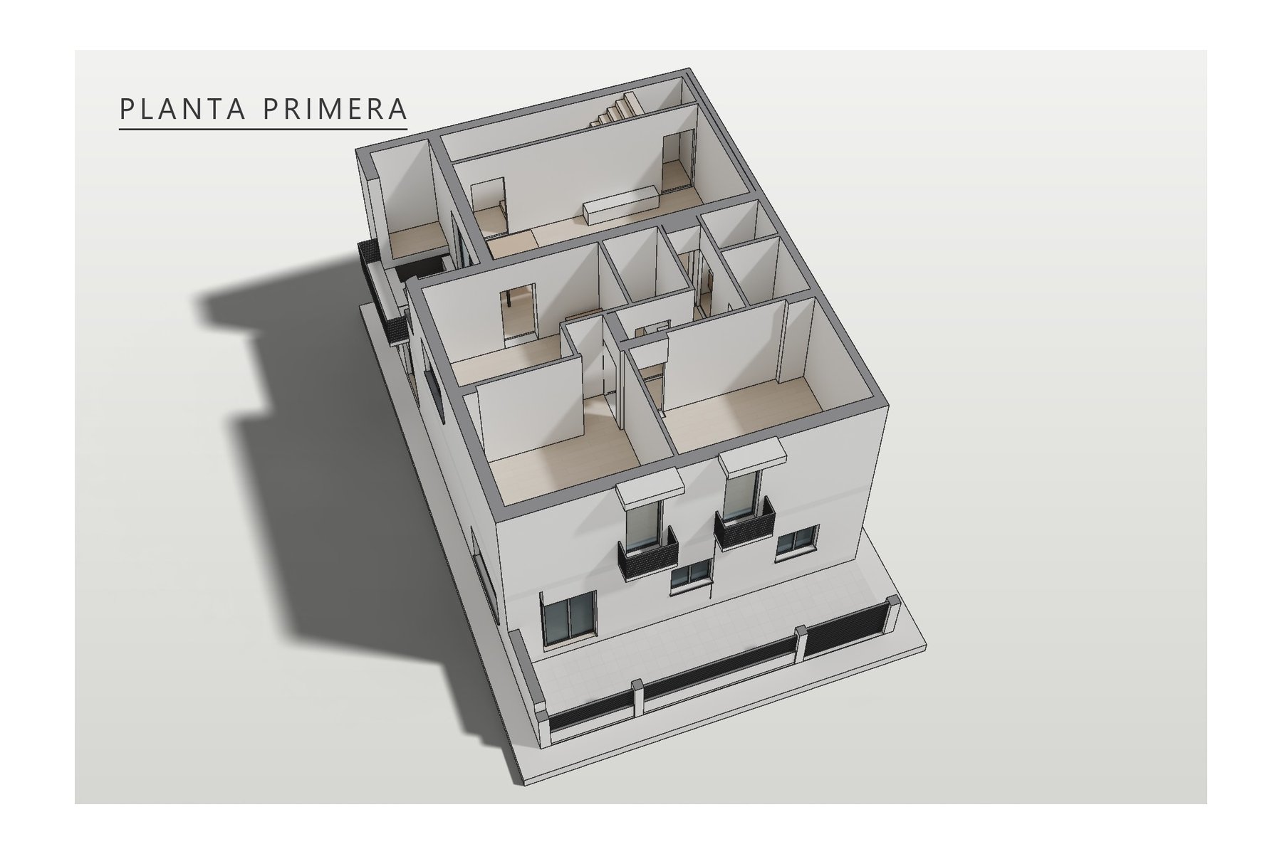 axonometría de la planta primera: salón-comedor con terraza, cocina, dos dormitorios, baño, aseo y trastero