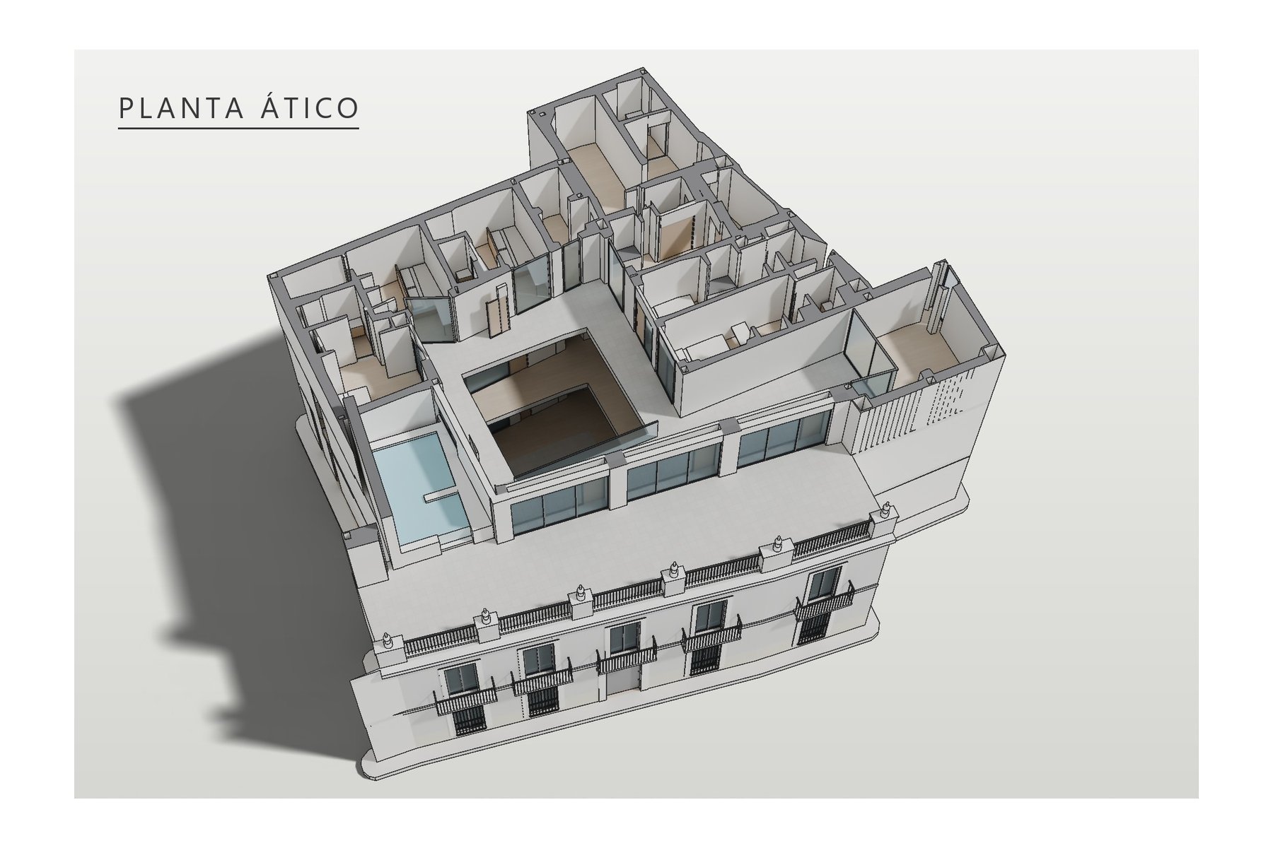 axonometría de la planta ático: ampliación con dormitorios, sala polivalente, terraza con piscina y lucernario del patio