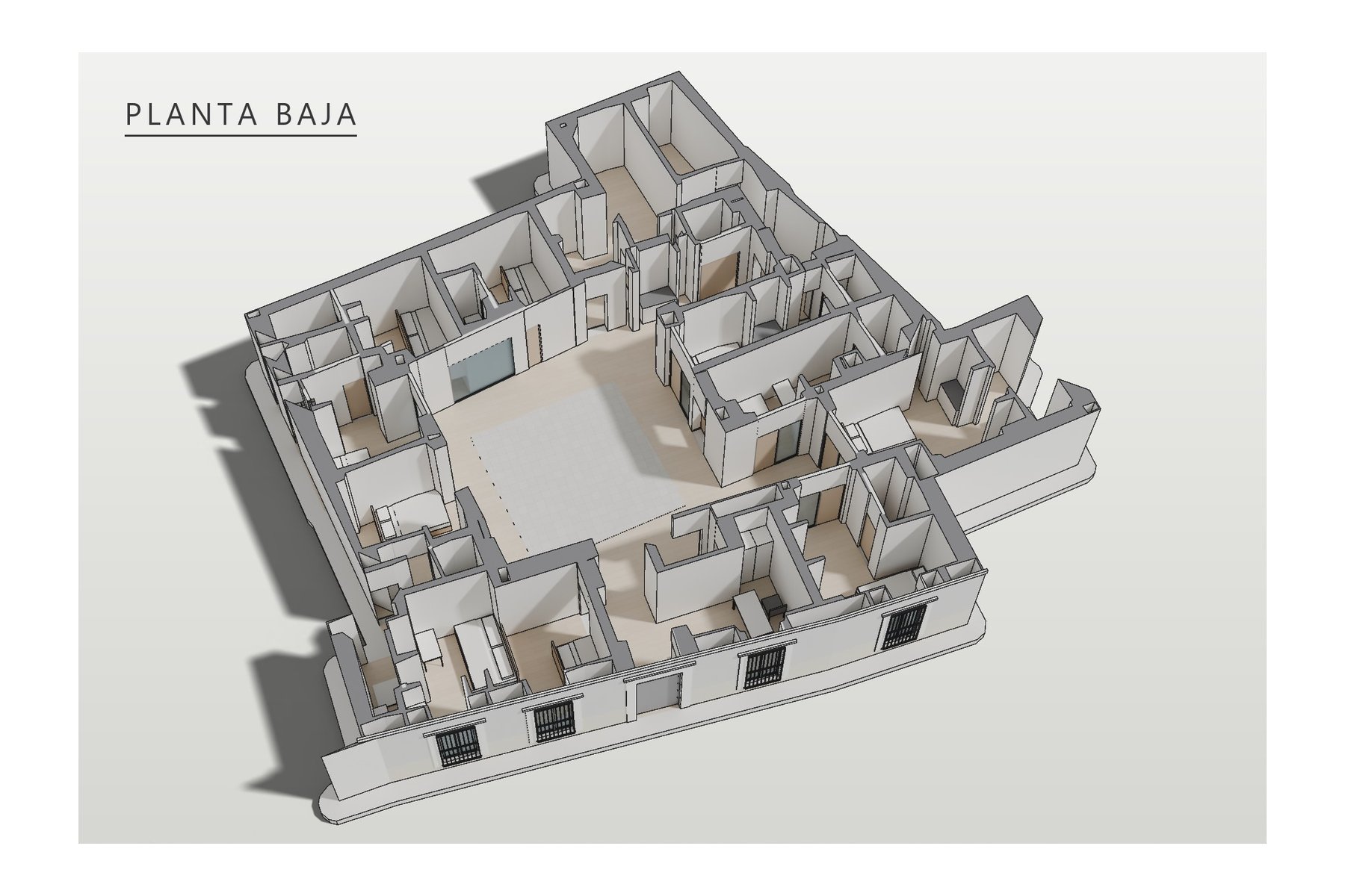 axonometría de la planta baja: recibidor, atención, galerías en torno al patio central y dormitorios con baño