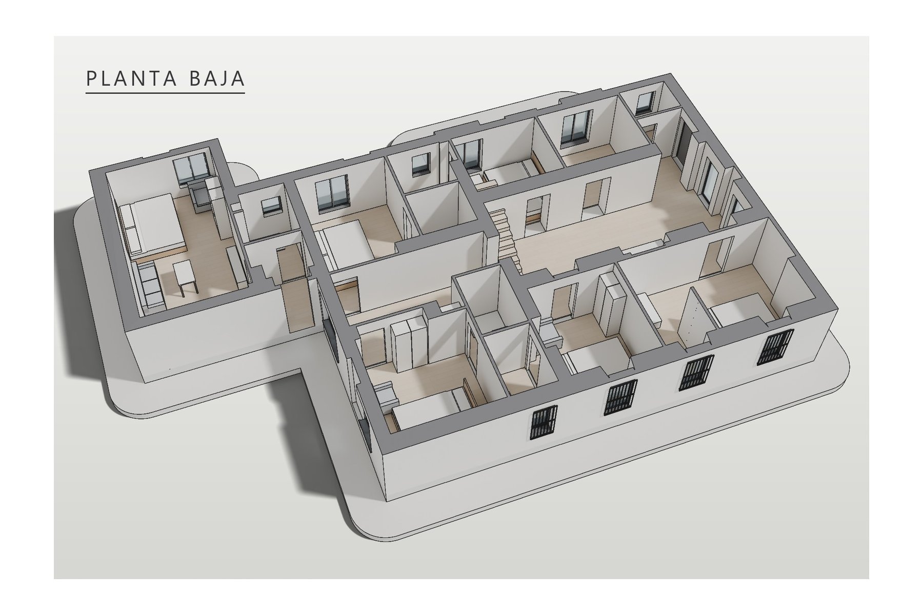 axonometría de la planta baja: recibidor, salón-estar, cocina, dormitorios con baño y estudio con recibidor y baño propios