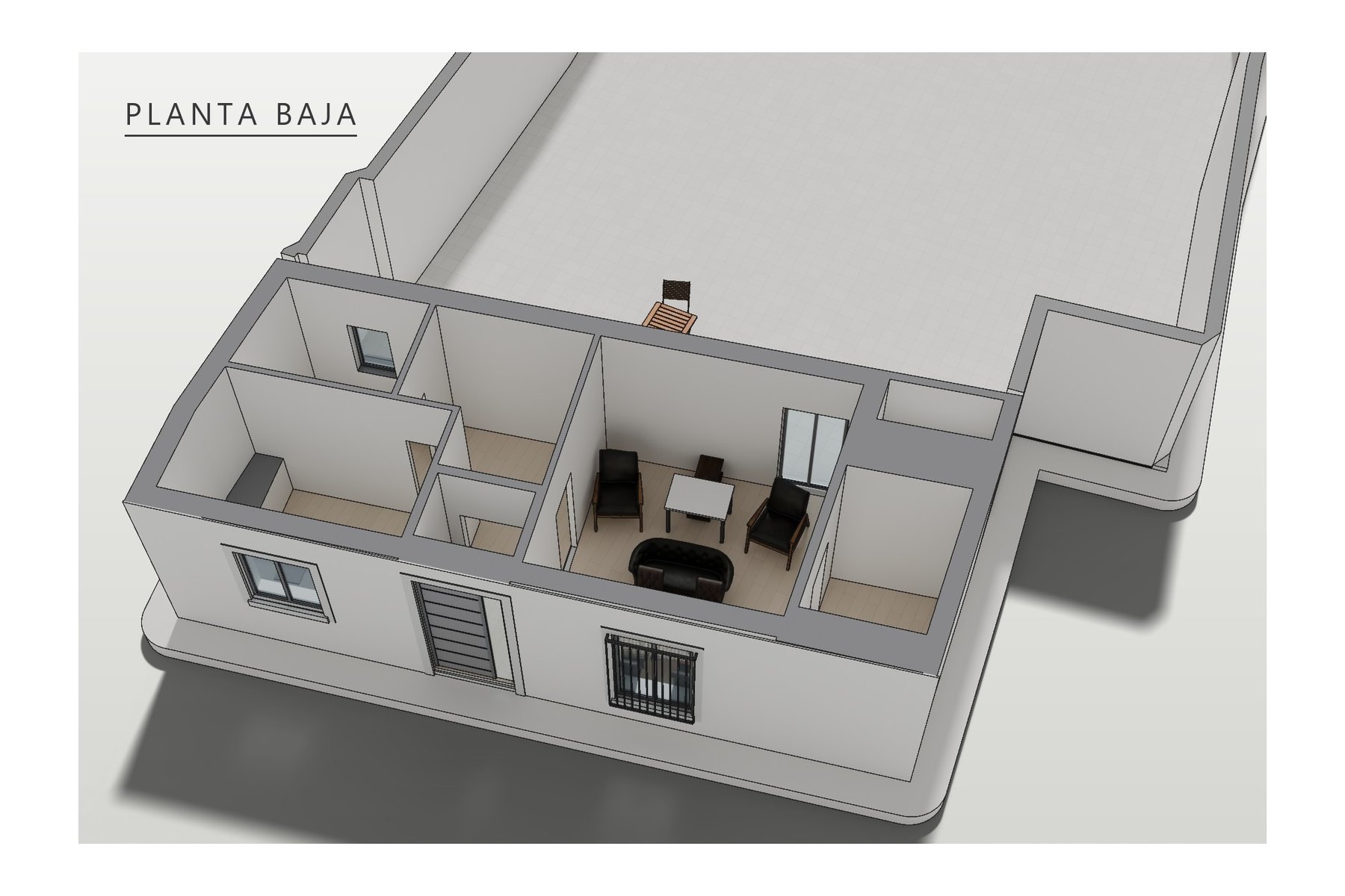 axonometría de la planta baja: recibidor, sala de estar, cocina, baño, trastero e instalaciones, con el patio
