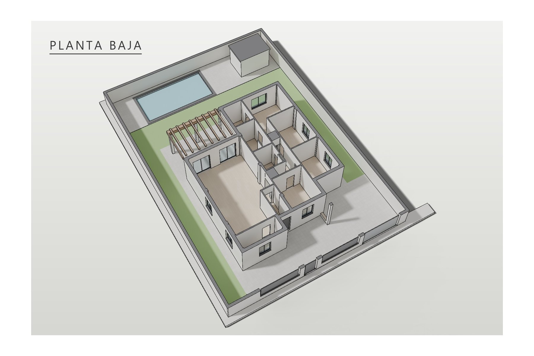 Vivienda unifamiliar exenta en Espartinas: axonometría de la planta baja