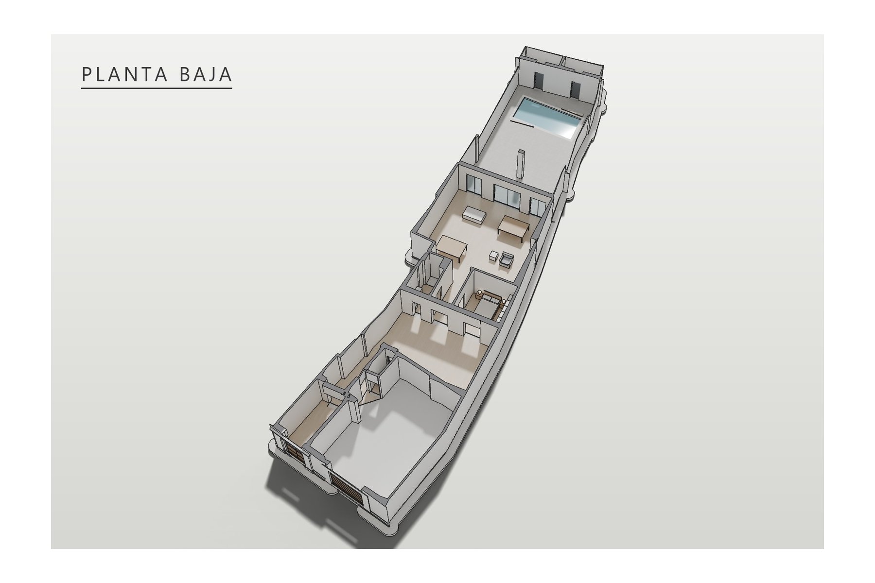 axonometría de la planta baja: zaguán, cochera, distribuidor abierto al patio central, dormitorio polivalente, salón-comedor-cocina con porche y patio trasero con piscina