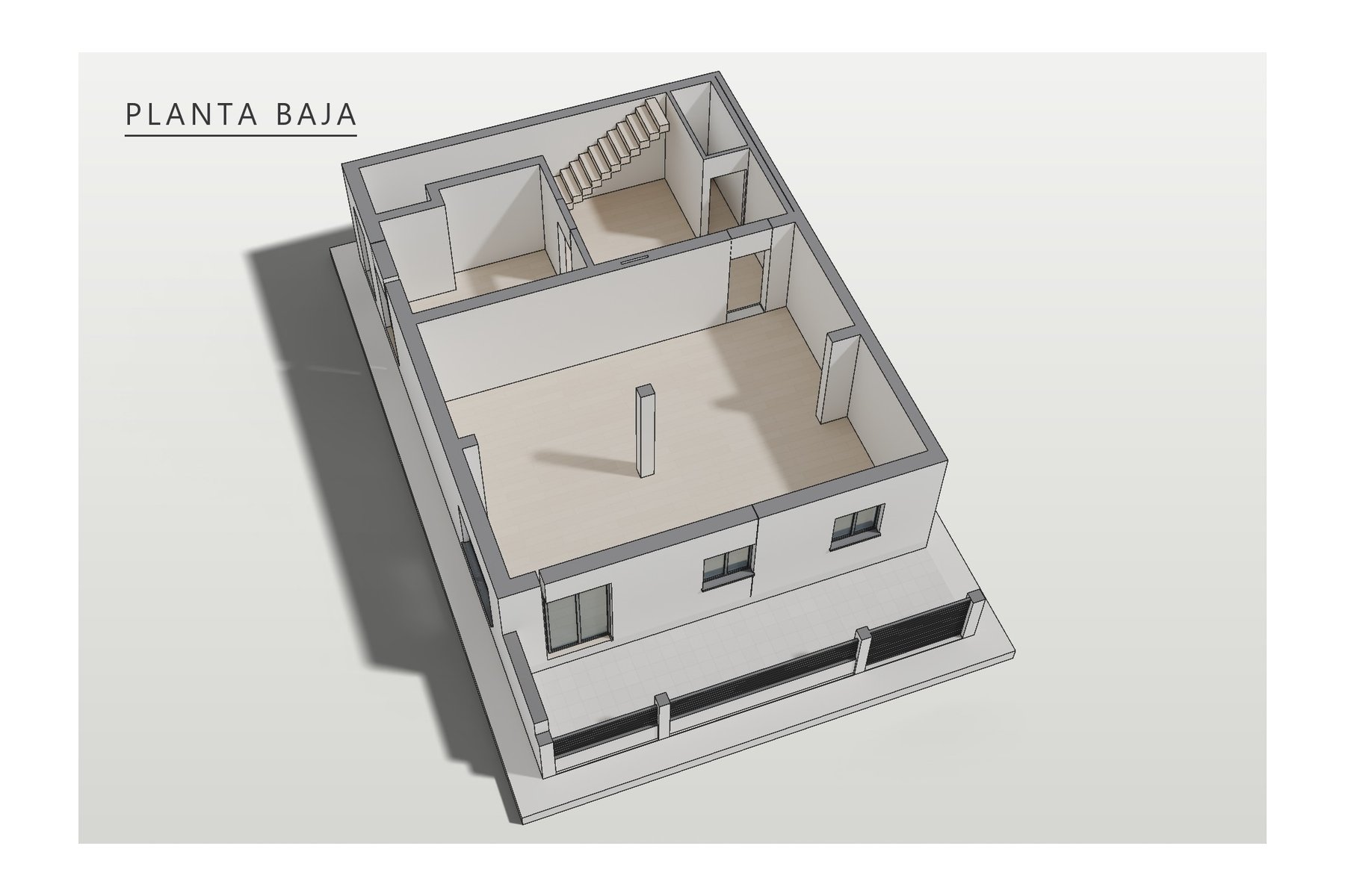 axonometría de la planta baja: tienda, almacén, aseo, vending y recibidor con la escalera de la vivienda; espacio delantero con cerca