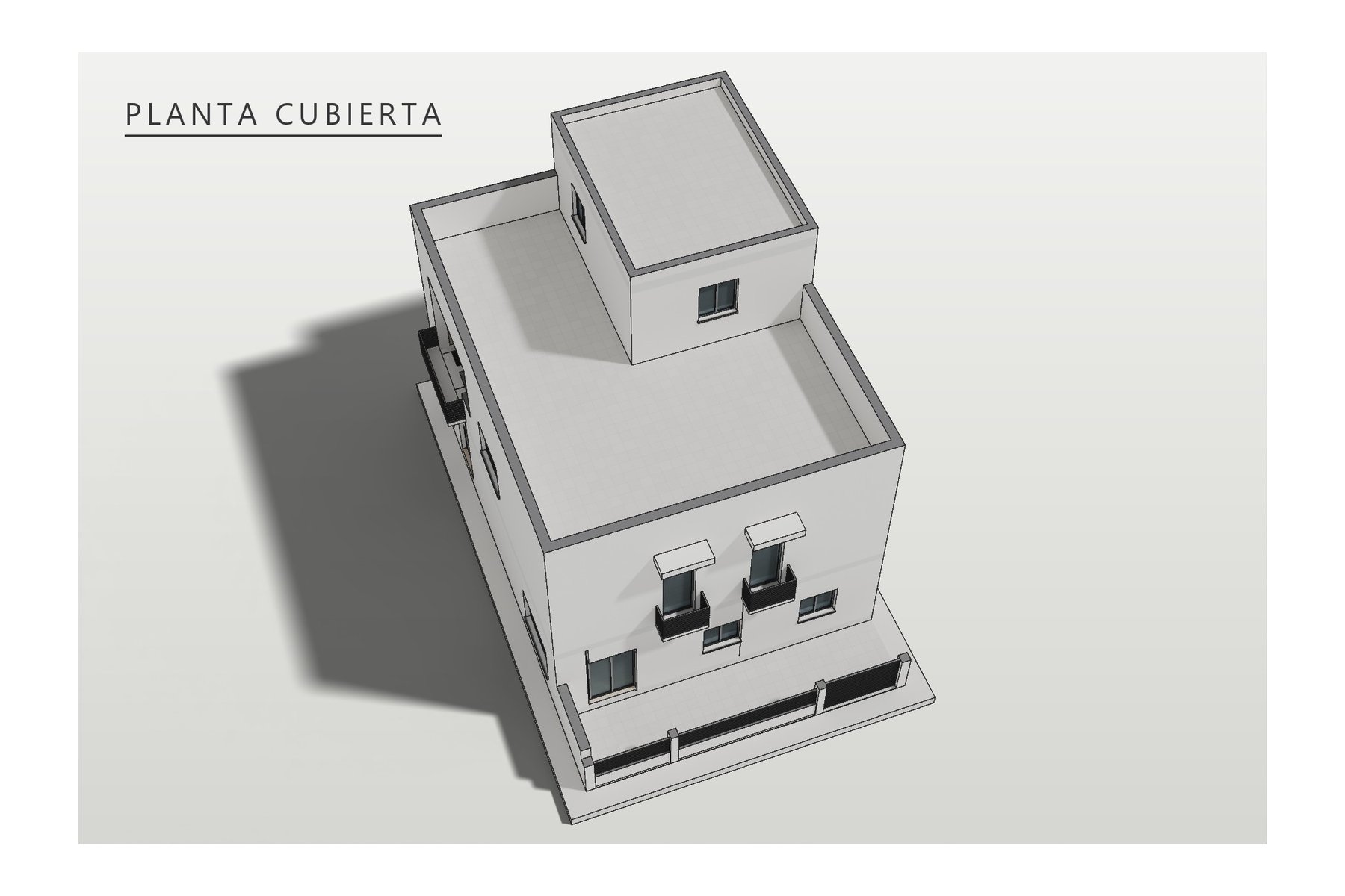axonometría de la cubierta: azotea y castillete con lavadero y cuarto de juegos