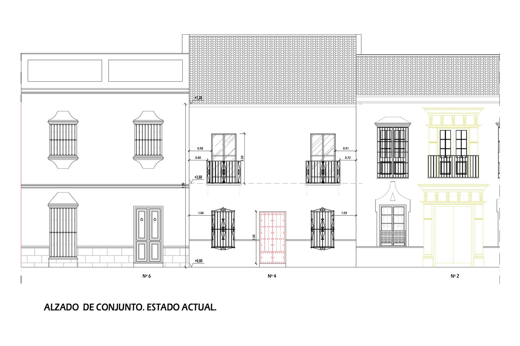 REHABILITACIÓN Y REFORMA VIVIENDA UNIFAMILIAR ENTREMEDIANERAS · Jamalla 4, Marchena (Sevilla) — alzado de conjunto, estado actual