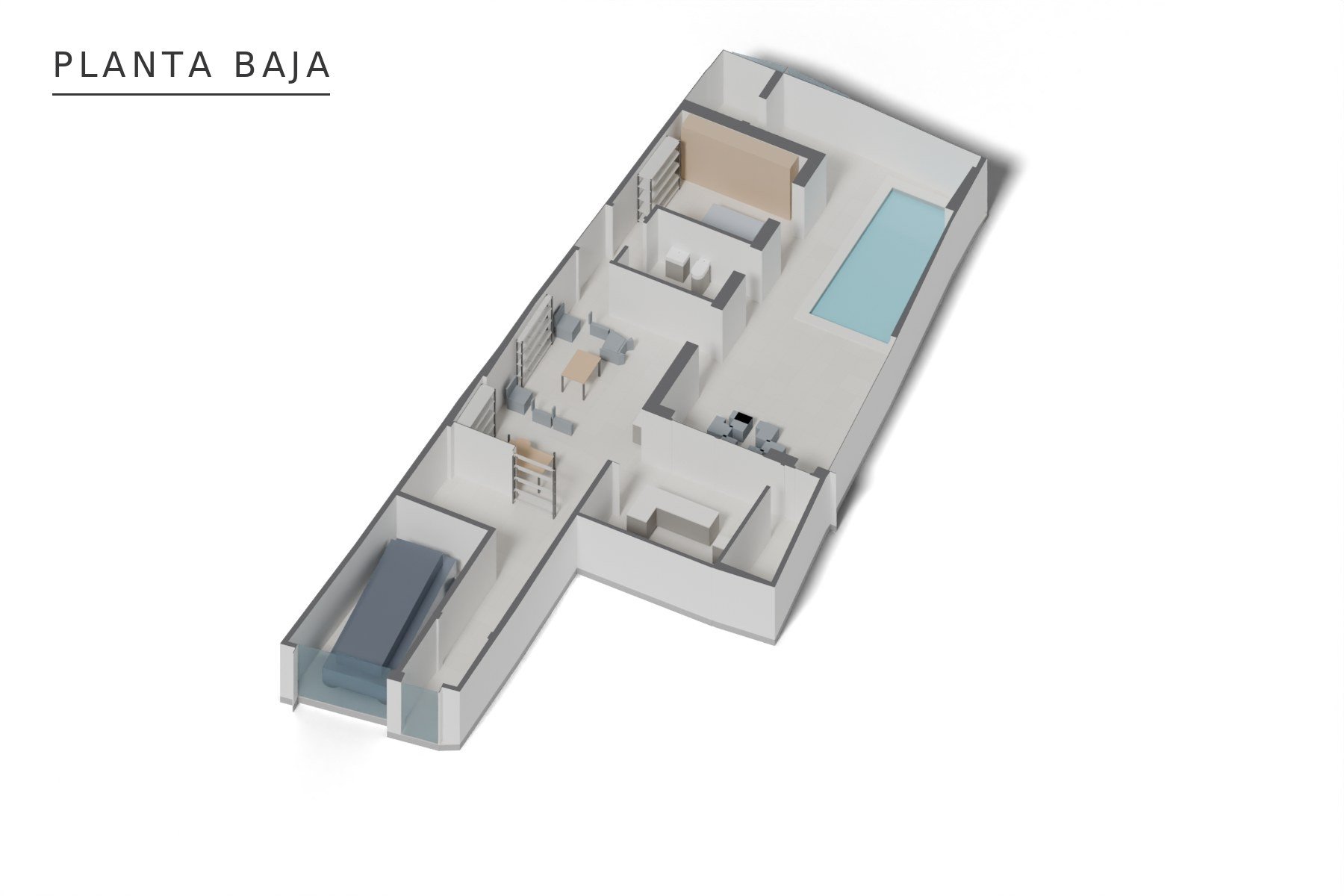 VIVIENDA UNIFAMILIAR ENTREMEDIANERAS · Huerta Gavira 8, Marchena (Sevilla) — axonometría de planta baja