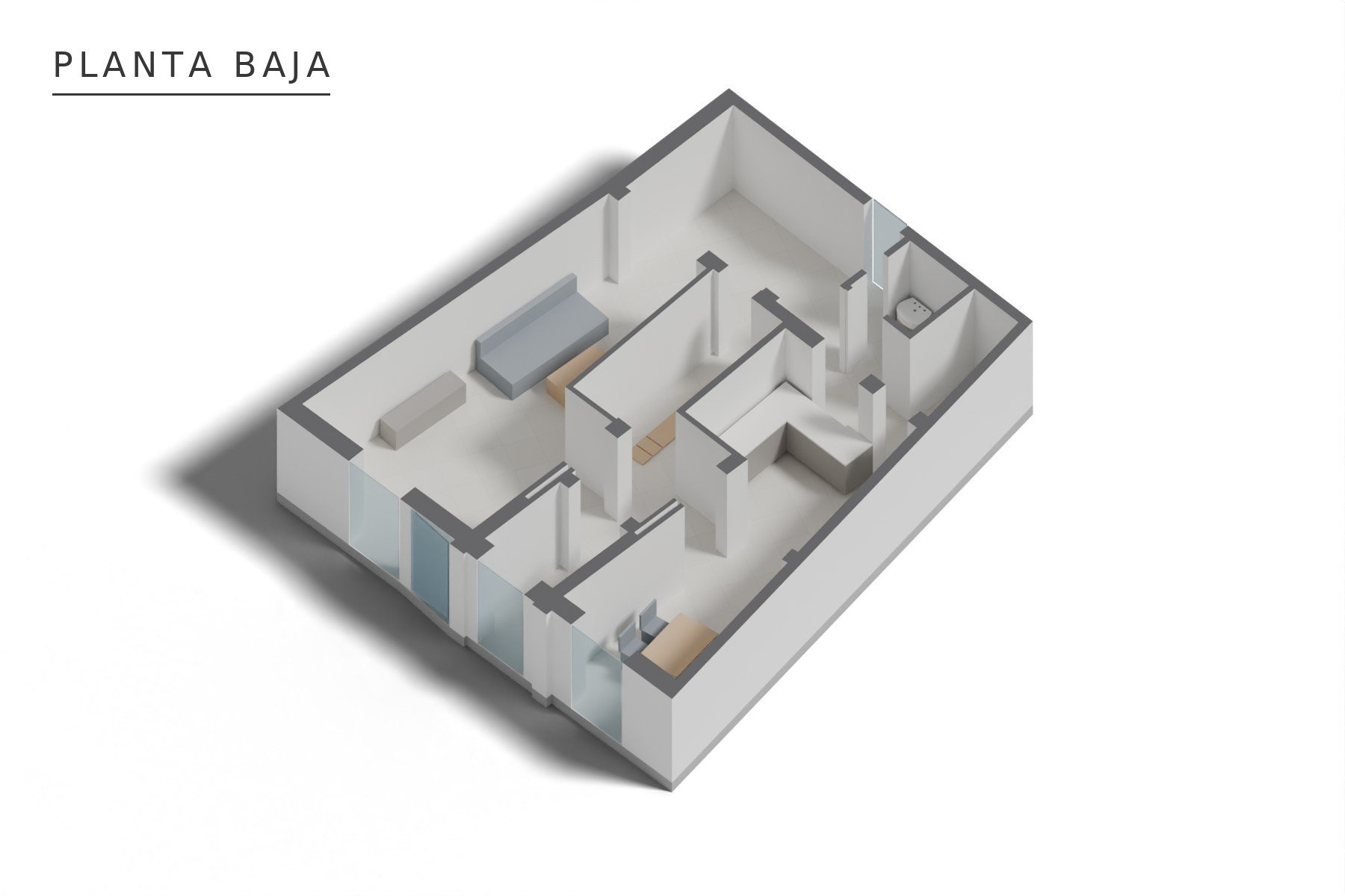 AFO VIVIENDA UNIFAMILIAR ENTREMEDIANERAS · Sastres 10A, Marchena (Sevilla) — axonometría de planta baja (amueblamiento indicativo)