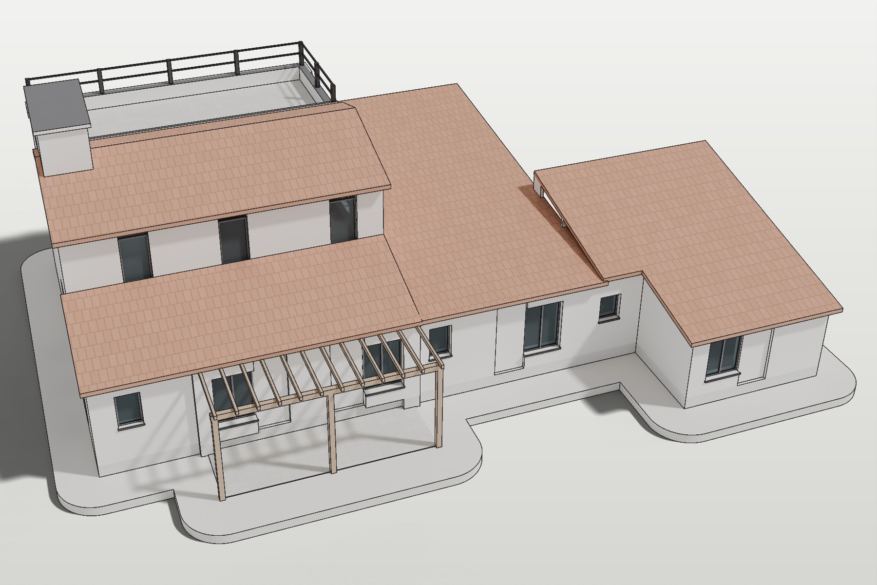 vista aérea de la fachada trasera, con la pérgola y el estudio, estado reformado