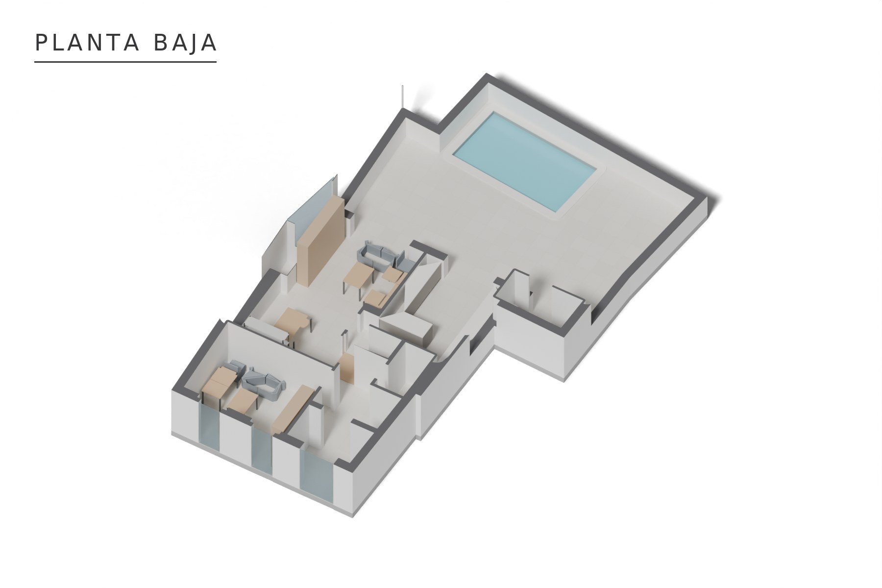 REHABILITACIÓN Y REFORMA VIVIENDA UNIFAMILIAR ENTREMEDIANERAS · Jamalla 4, Marchena (Sevilla) — axonometría de planta baja