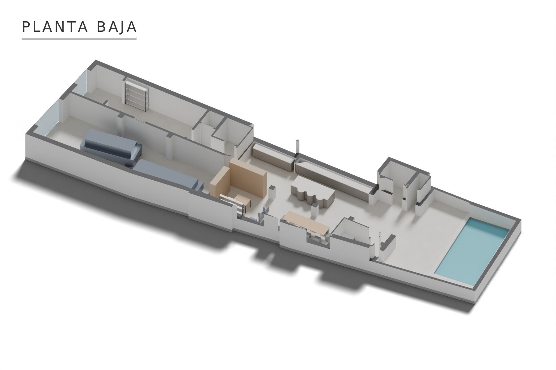 VIVIENDA UNIFAMILIAR ENTREMEDIANERAS · Méndez Núñez 46, Marchena (Sevilla) — axonometría de planta baja