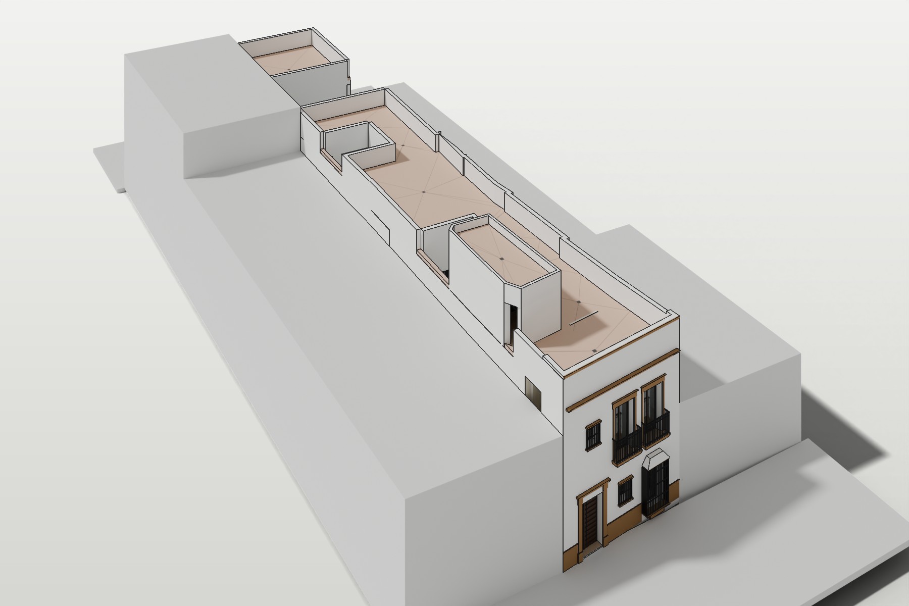 Vivienda plurifamiliar entremedianeras en Marchena — vista general: cuerpo principal con patios, patio trasero y cochera