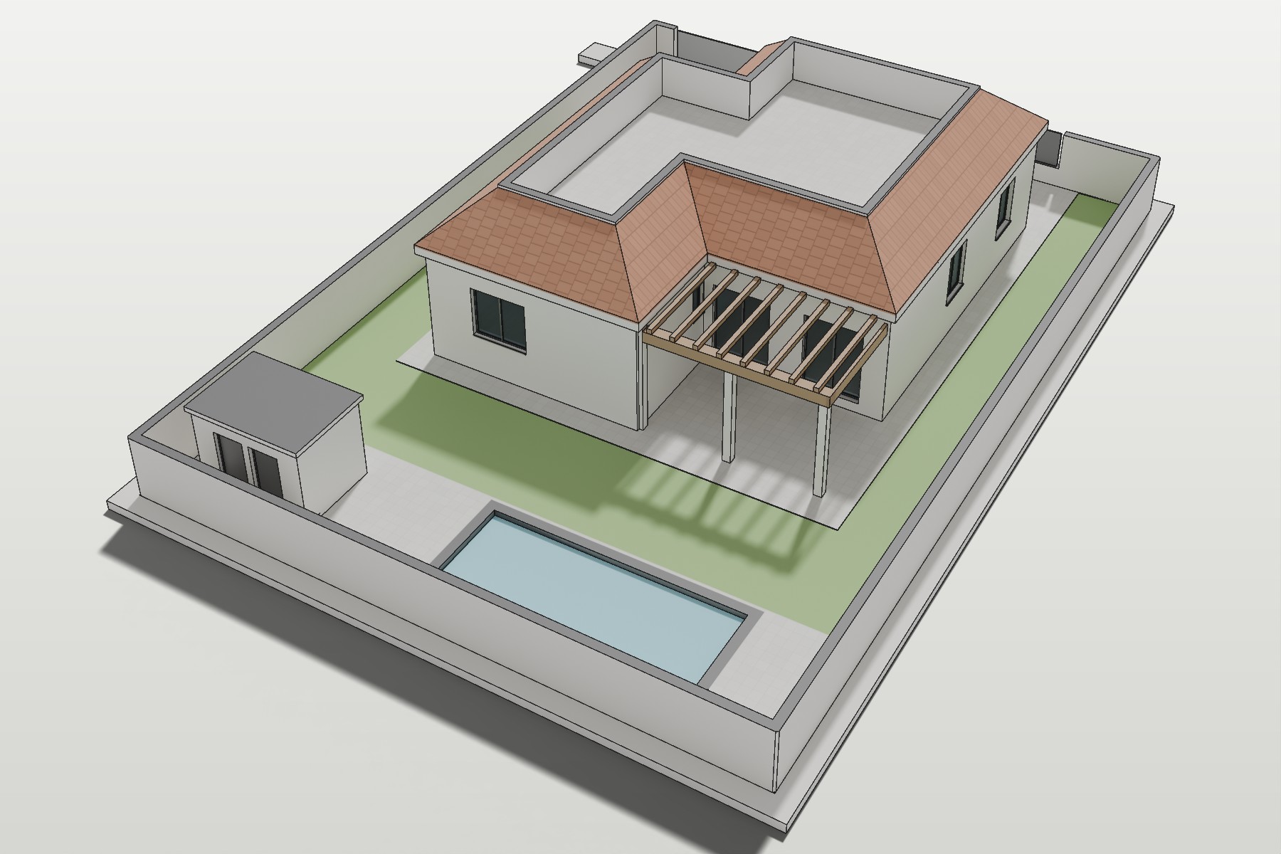 Vivienda unifamiliar exenta en Espartinas: vista aérea desde el jardín, con la pérgola y la piscina