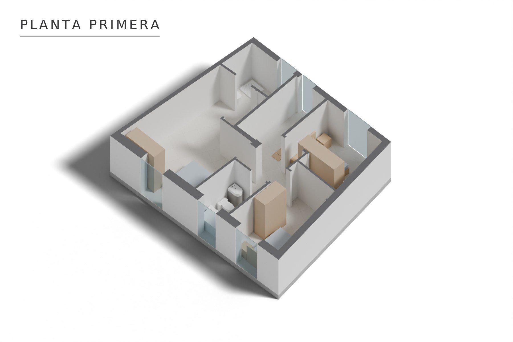 AFO VIVIENDA UNIFAMILIAR ENTREMEDIANERAS · Sastres 10A, Marchena (Sevilla) — axonometría de planta primera (amueblamiento indicativo)