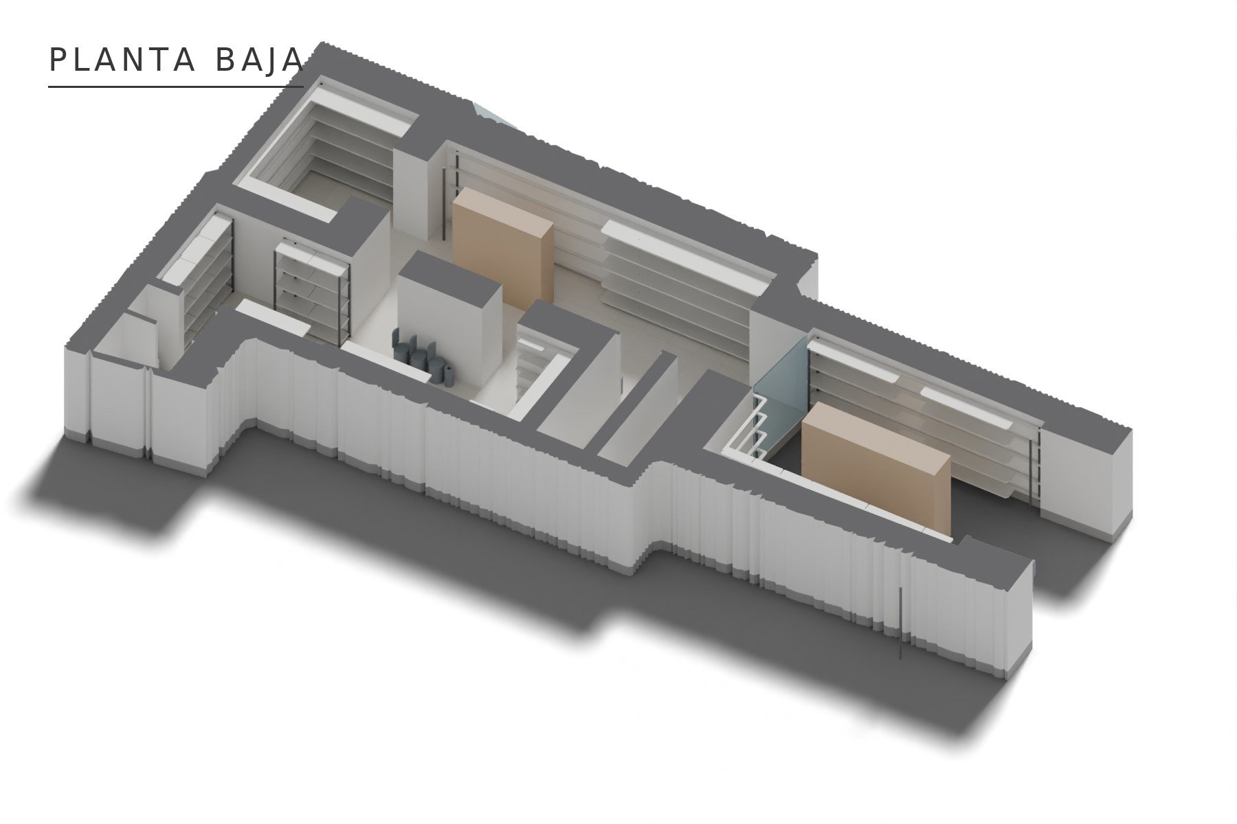 ADECUACIÓN DE LOCAL COMERCIAL · Sagasta 10, Sevilla — axonometría de planta baja