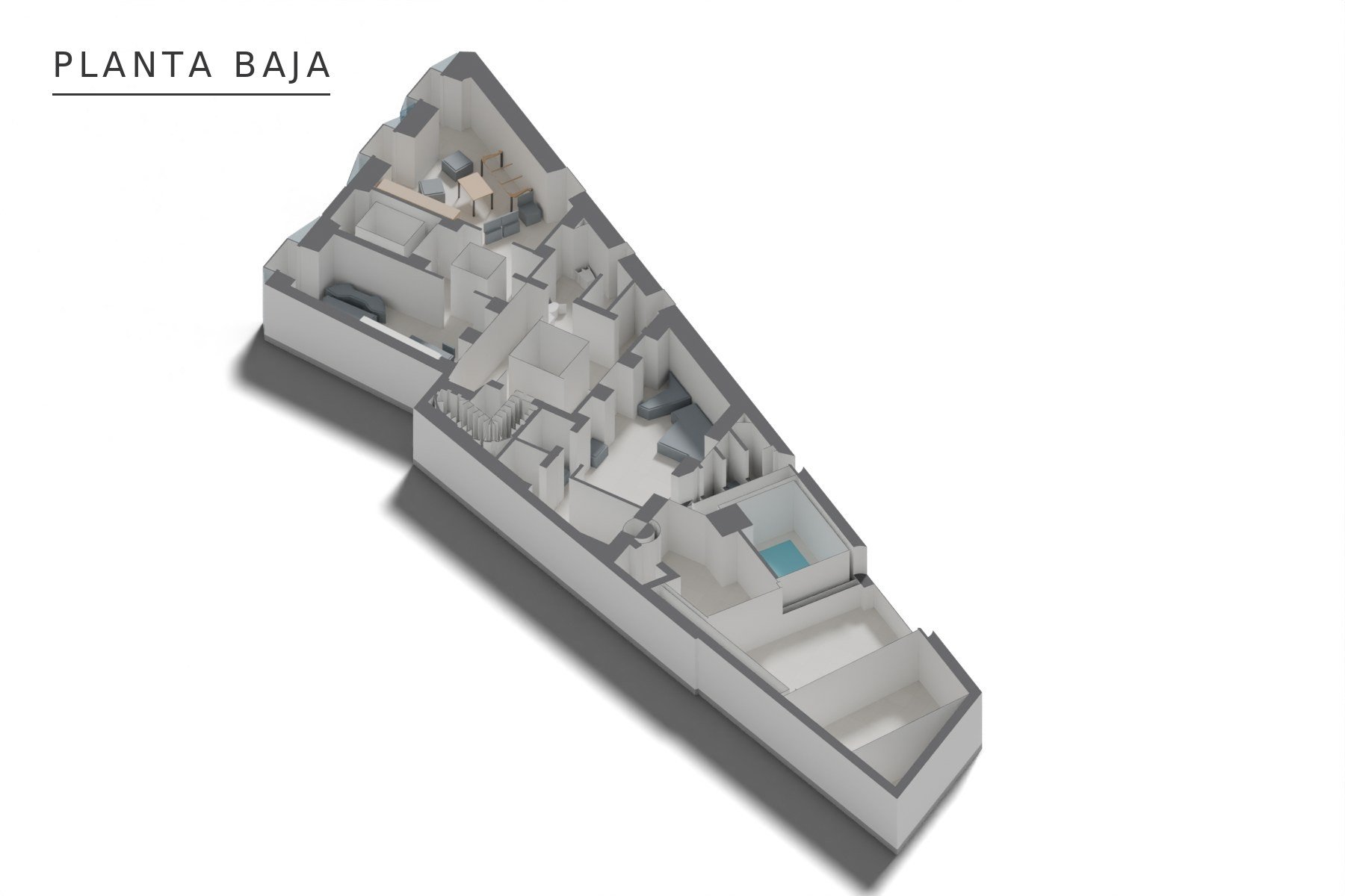 REHABILITACIÓN Y REFORMA VIVIENDA UNIFAMILIAR · undefined, Marchena (Sevilla) — axonometría de planta baja