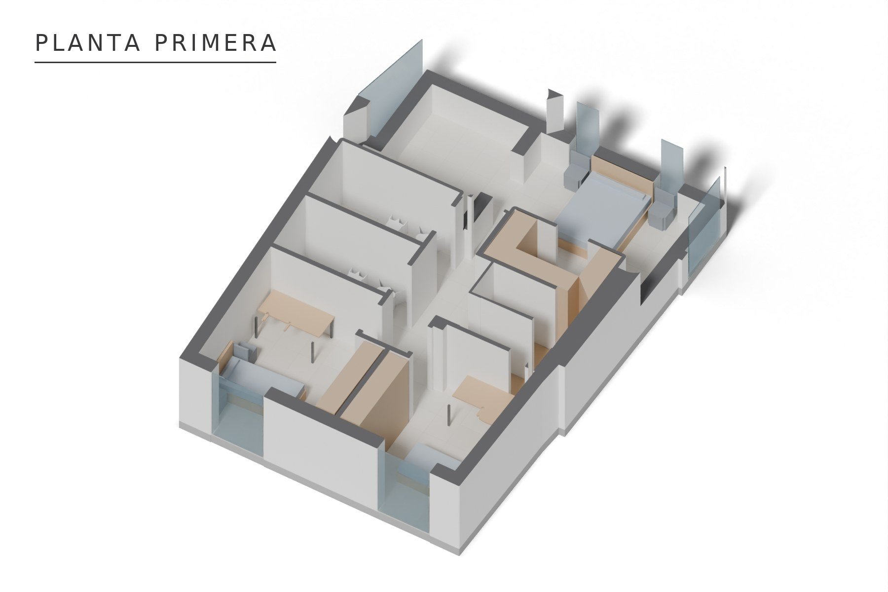 REHABILITACIÓN Y REFORMA VIVIENDA UNIFAMILIAR ENTREMEDIANERAS · Jamalla 4, Marchena (Sevilla) — axonometría de planta primera
