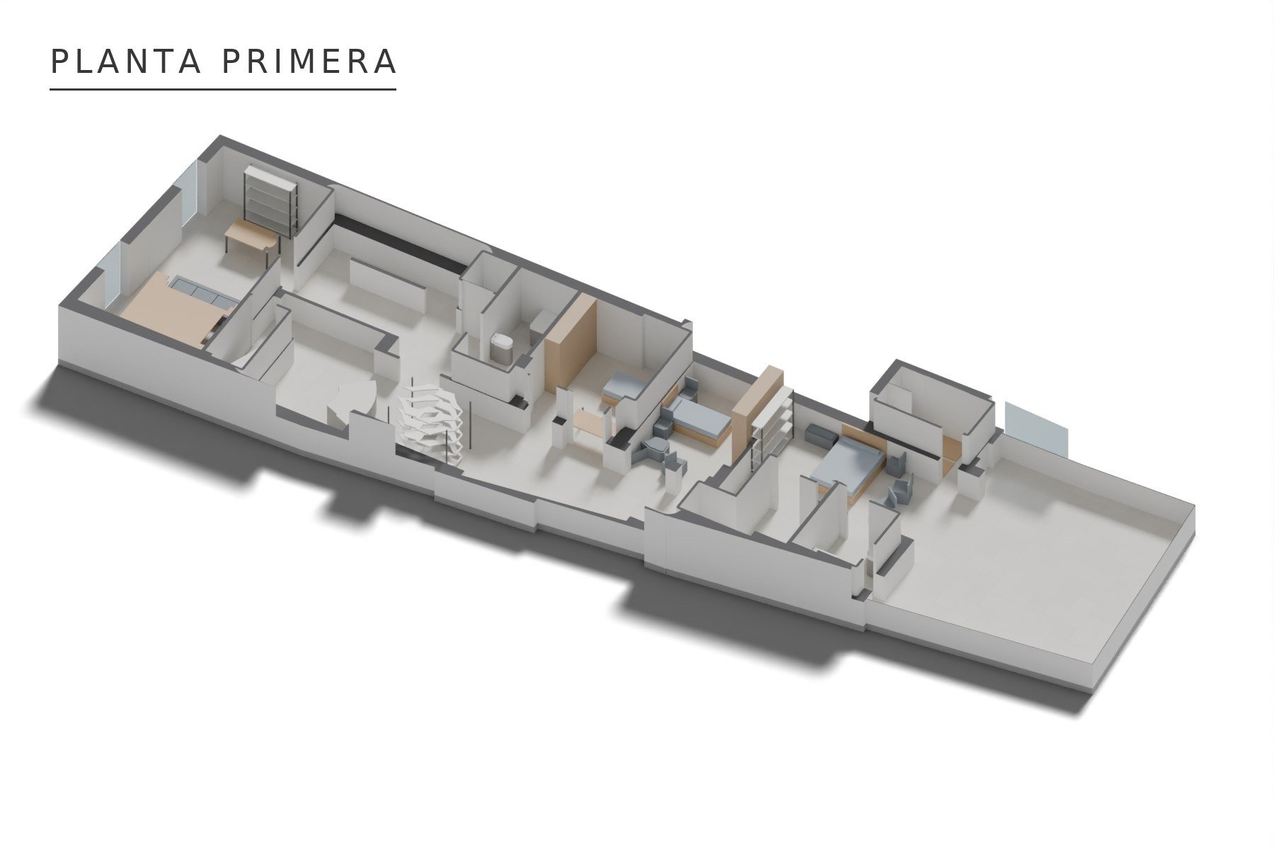 VIVIENDA UNIFAMILIAR ENTREMEDIANERAS · Méndez Núñez 46, Marchena (Sevilla) — axonometría de planta primera