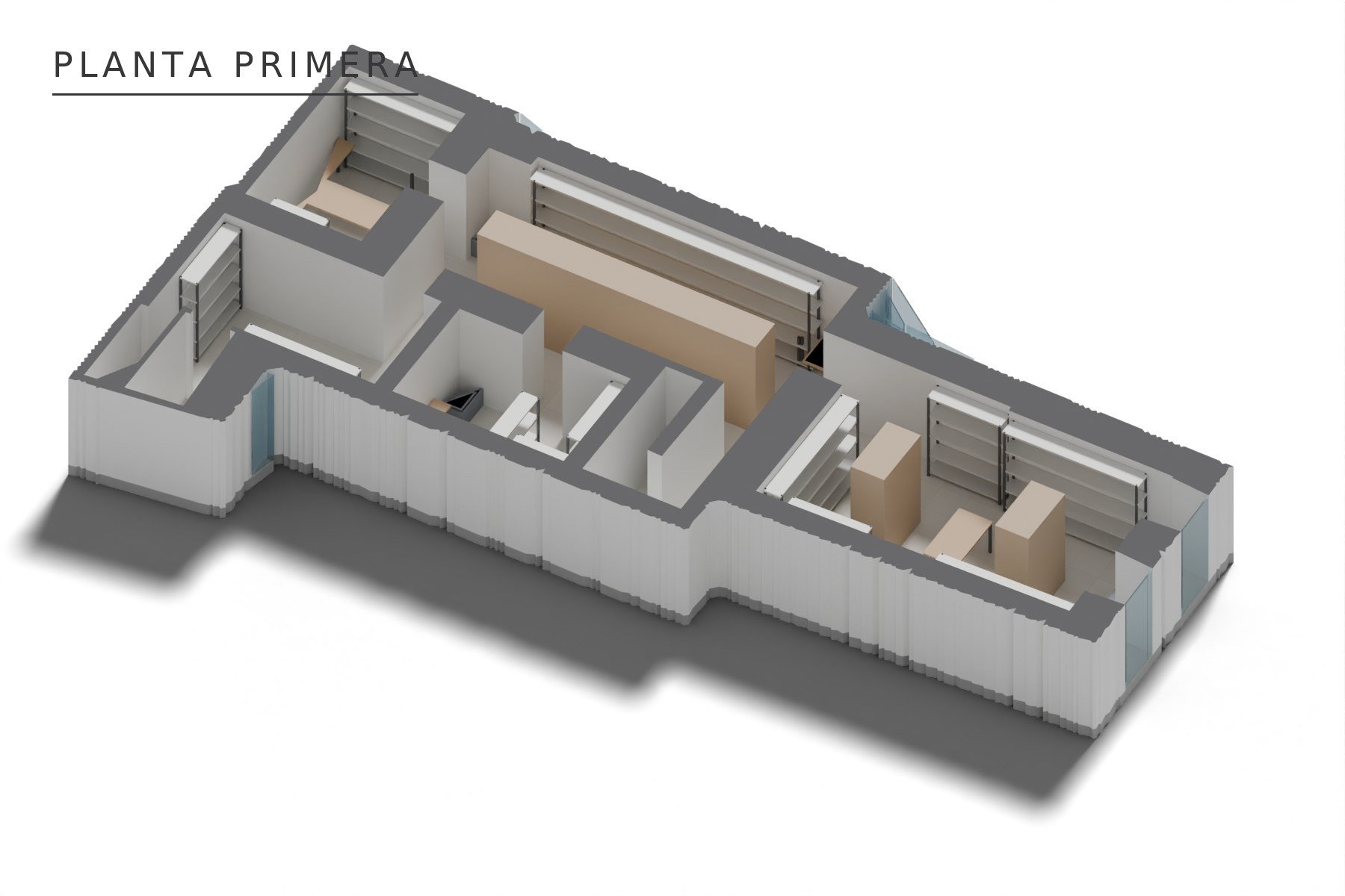 ADECUACIÓN DE LOCAL COMERCIAL · Sagasta 10, Sevilla — axonometría de planta primera