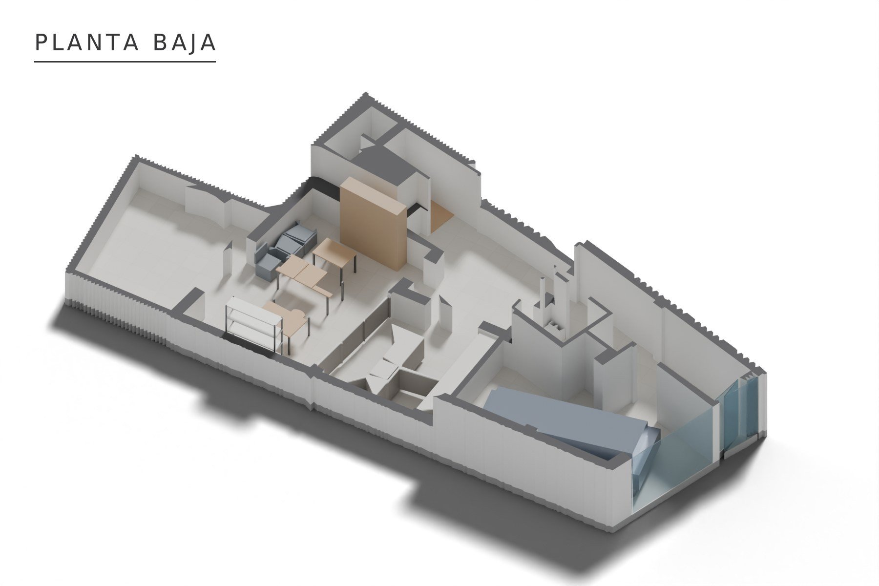 VIVIENDA UNIFAMILIAR ENTREMEDIANERAS · Torno 26, Marchena (Sevilla) — axonometría de planta baja