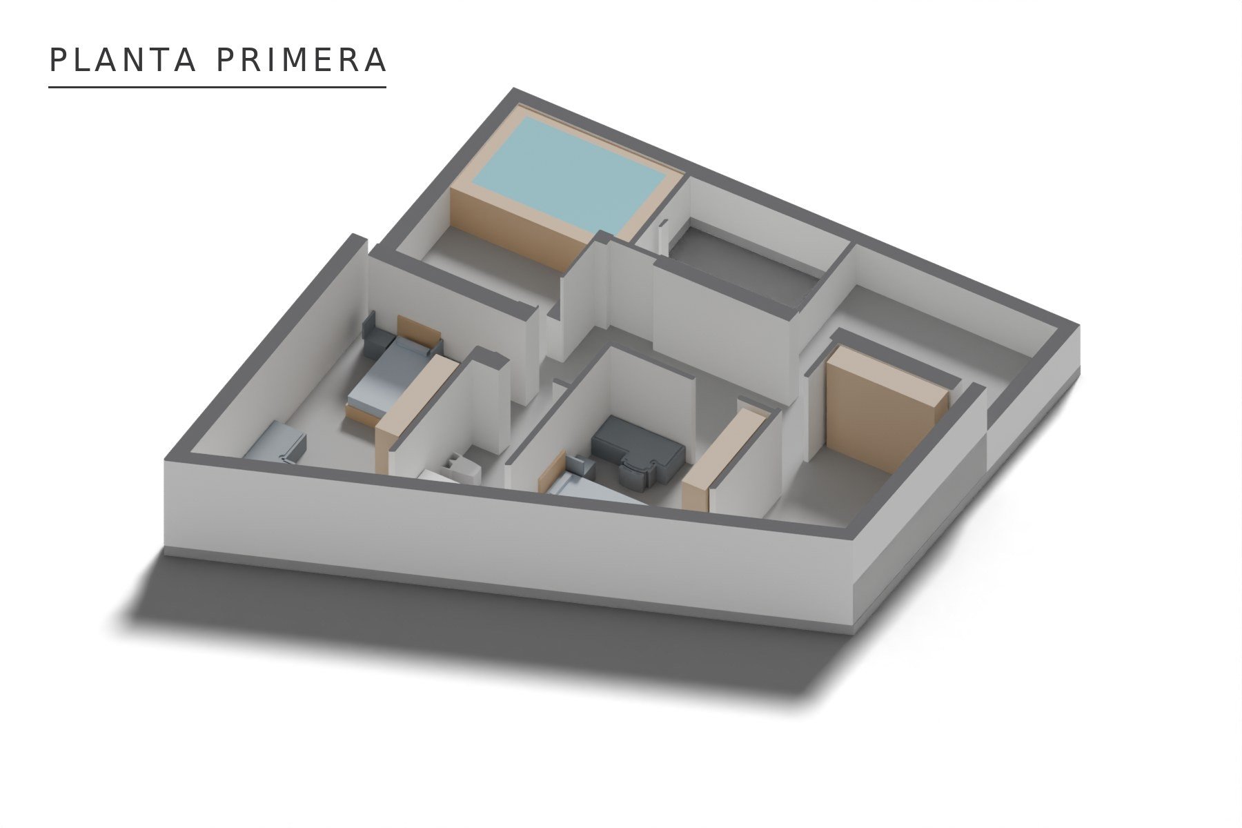 VIVIENDA UNIFAMILIAR ENTREMEDIANERAS · undefined, Marchena (Sevilla) — axonometría de planta primera con terrazas y piscina