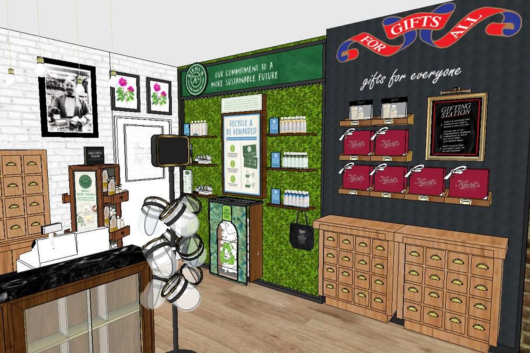 propuesta interior: muro de regalos y mueble de botica