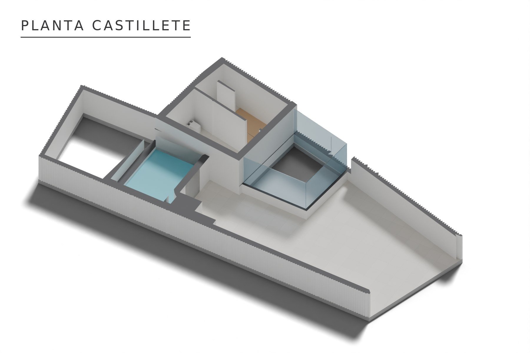 VIVIENDA UNIFAMILIAR ENTREMEDIANERAS · Torno 26, Marchena (Sevilla) — axonometría de planta castillete y azotea