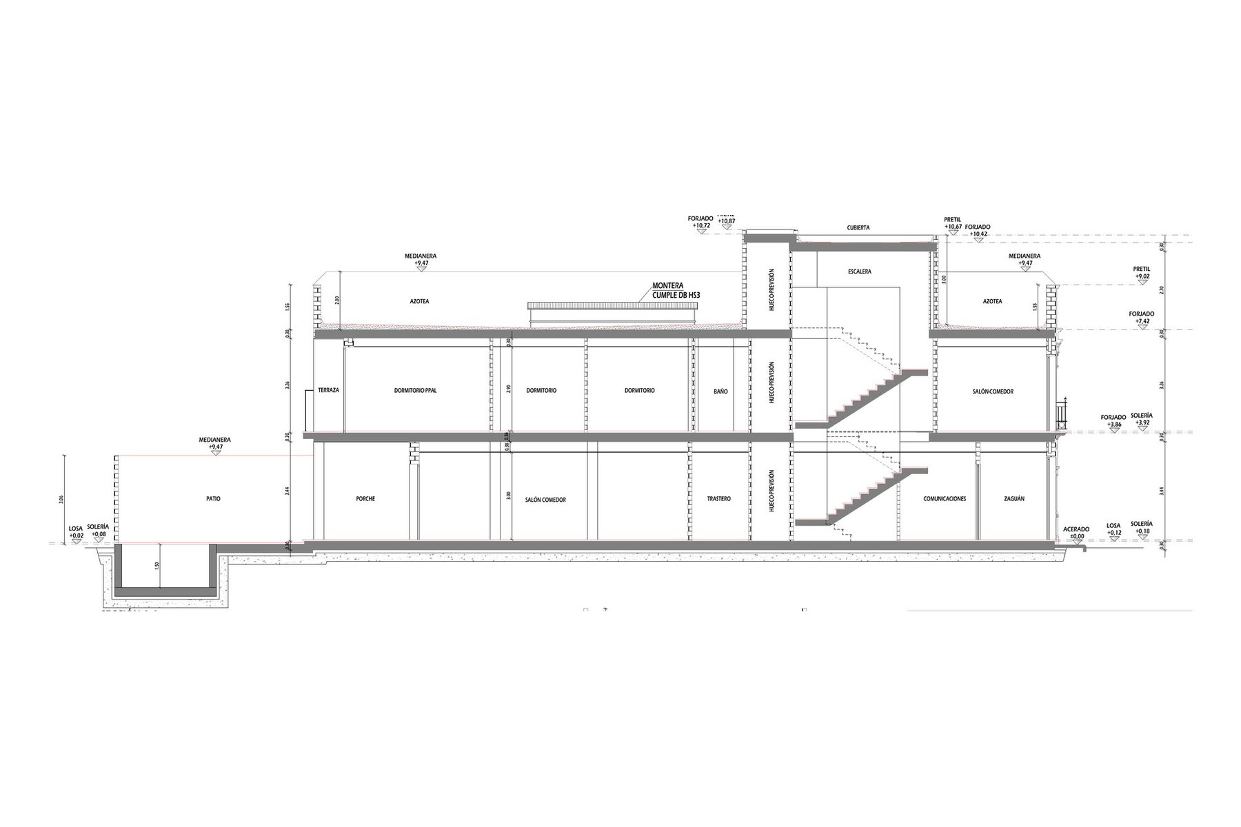 VIVIENDA UNIFAMILIAR ENTREMEDIANERAS · Méndez Núñez 46, Marchena (Sevilla) — sección longitudinal