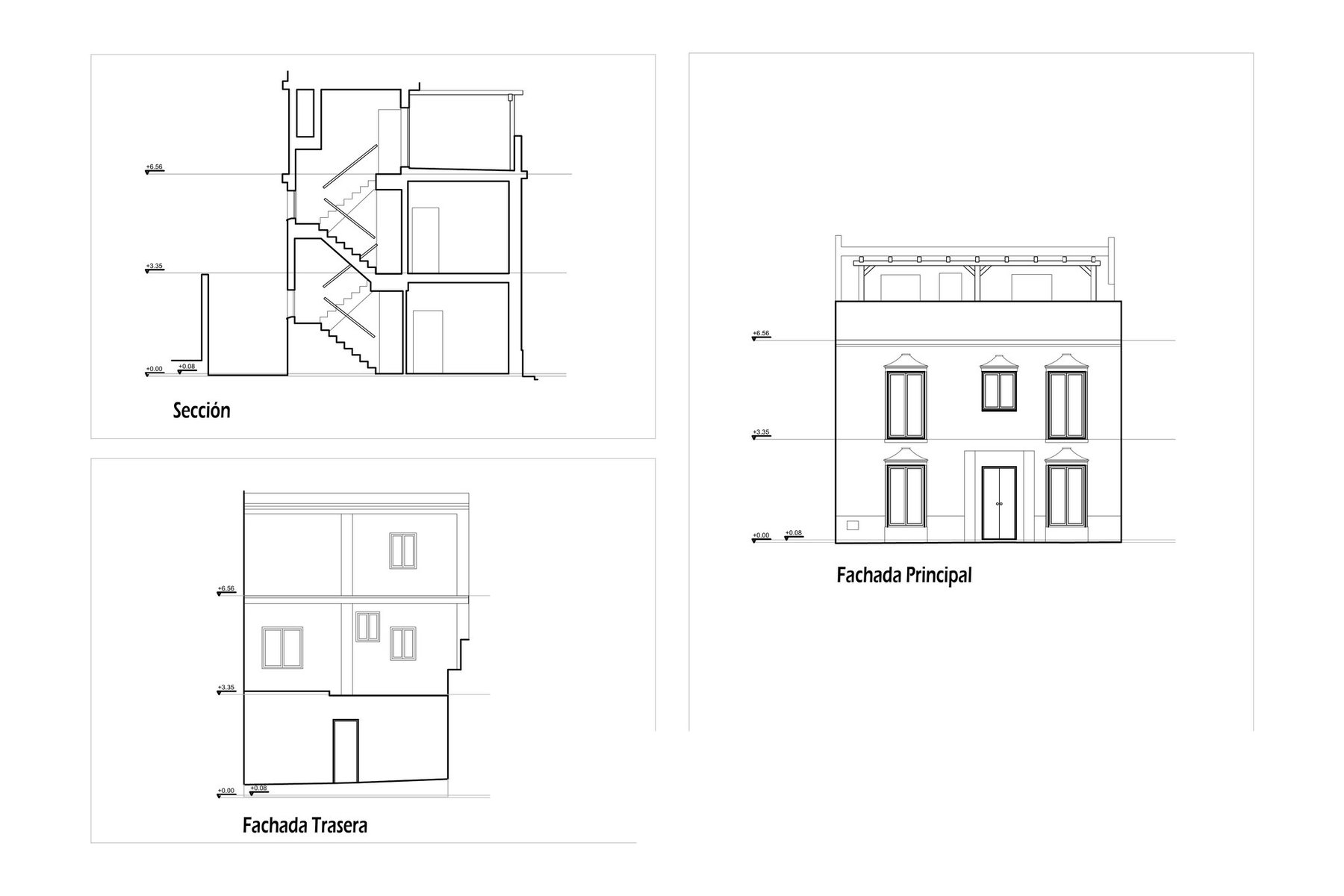 AFO VIVIENDA UNIFAMILIAR ENTREMEDIANERAS · Sastres 10A, Marchena (Sevilla) — sección, fachada trasera y fachada principal