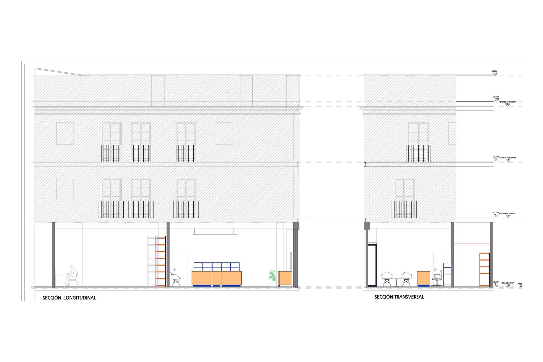 ADECUACIÓN DE LOCAL COMERCIAL · Pepe Palanca 64, Marchena (Sevilla) — secciones longitudinal y transversal